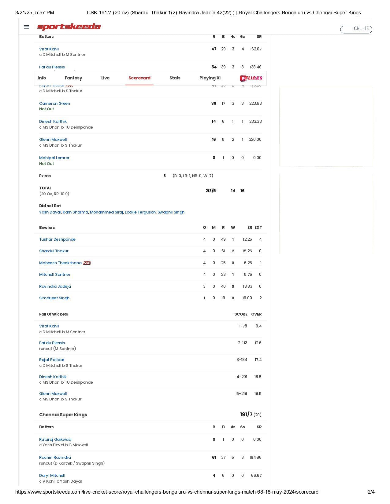 CSK vs RCB IPL 2024 scorecard.